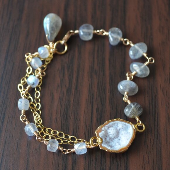 Labradorite Bracelet in Gold with Geode Center - Hand Made in Canada - Picture 6 of 9
